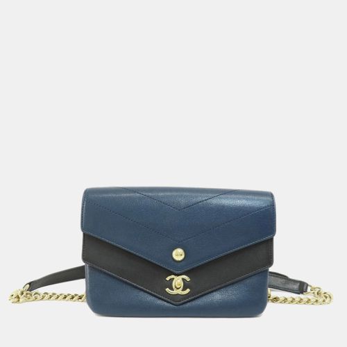 Navy Blue Calfskin Elaphe Double Chevron Flap Bag - Chanel - Modalova