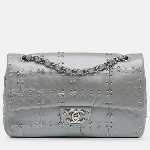 Chanel Silver Glazed Calfskin Leather Grommet Embellished Airline Double Flap Bag - Chanel - Modalova