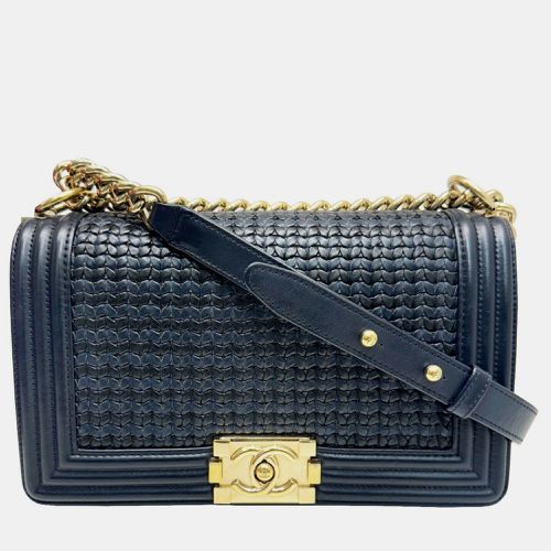 Chanel black navy leather Boy knitted chain shoulder bag - Chanel - Modalova