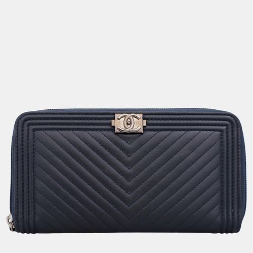 Chanel Dark Blue Leather Boy Chevron Quilt - Chanel - Modalova