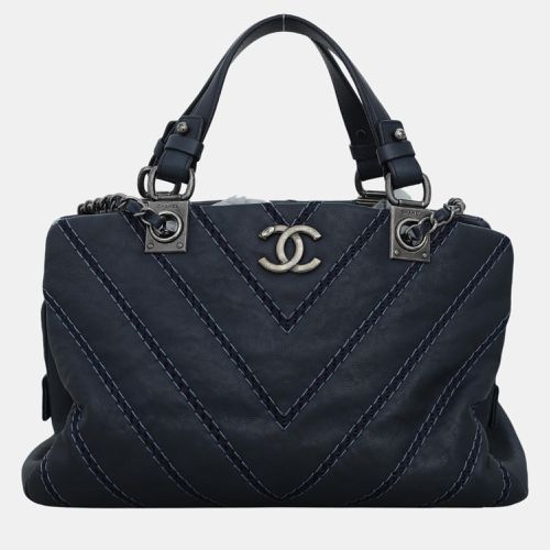 Chanel Blue Calfskin Leather Double Stitch CC Chevron 2-Way Tote Bag - Chanel - Modalova