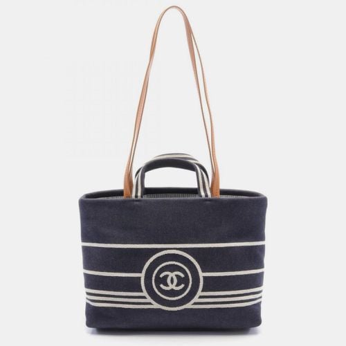 Navy White Brown Denim Leather Coco Mark Tote Bag - Chanel - Modalova