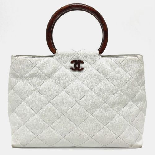 Chanel White X Brown cc Mark Round Handle Wood Style Hand Bag - Chanel - Modalova