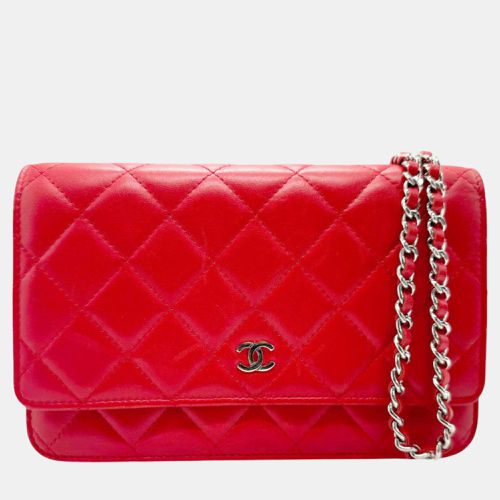 Chanel Red Silver Lambskin Chain Wallet - Chanel - Modalova