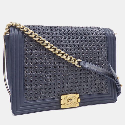 Chanel Navy Blue Leather Boy Coco Mark Chain Shoulder Bag - Chanel - Modalova