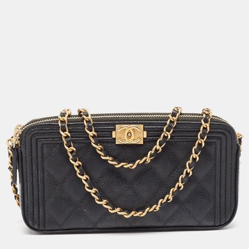 Chanel Black Quilted Caviar Leather Double Zip Clutch Bag - Chanel - Modalova