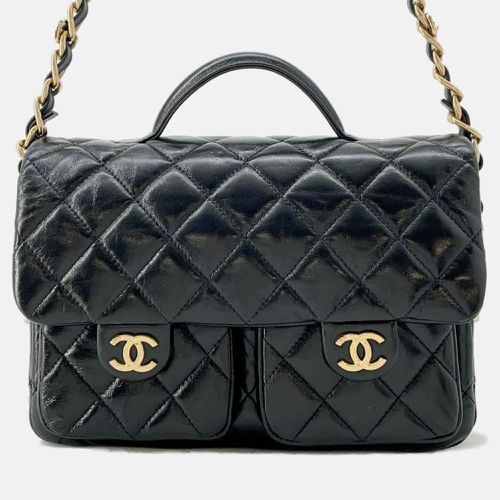 Chanel Black Shiny Lambskin Top Handle Double Pocket Flap Shoulder Bag - Chanel - Modalova