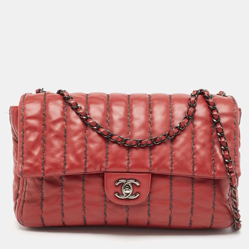 Chanel Dark Red Vertical Stitch Leather Jumbo Single Flap Bag - Chanel - Modalova