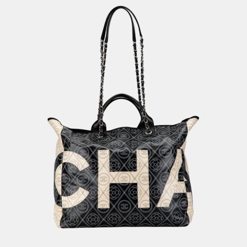 Chanel Black White Leather Camellia Coco Mark Chain Tote Bag - Chanel - Modalova