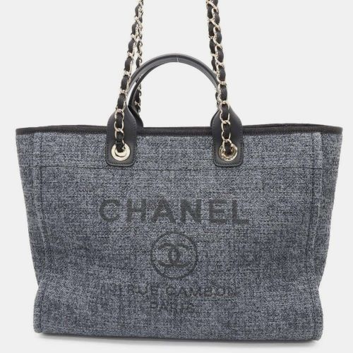 Navy Straw Leather Deauville Tote Bag - Chanel - Modalova