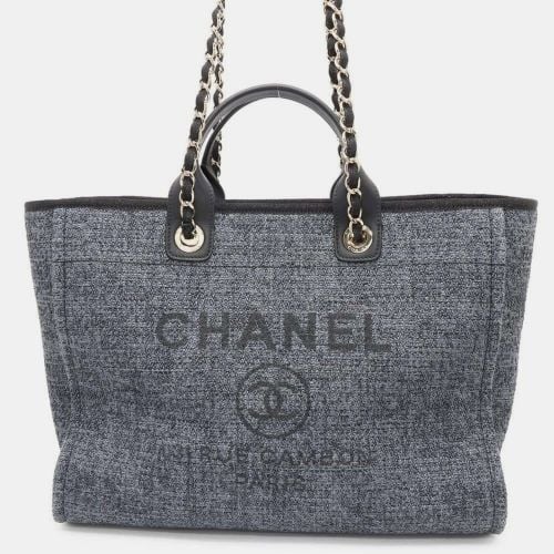 Chanel Deauville Coco Mark Straw Black Leather Tote Bag - Chanel - Modalova