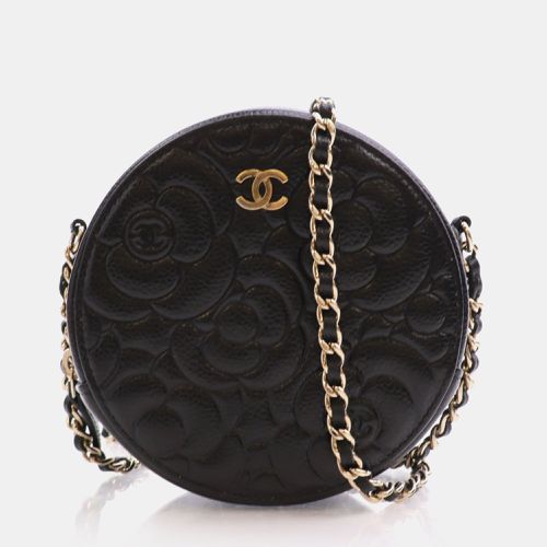 Chanel Black Caviar Camellia Embossed Round Clutch With Chain - Chanel - Modalova