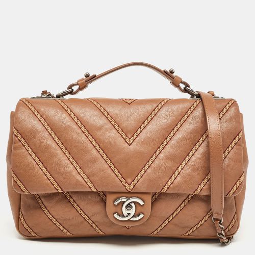 Chanel Brown Chevron Stitched Leather Classic Top Handle Bag - Chanel - Modalova