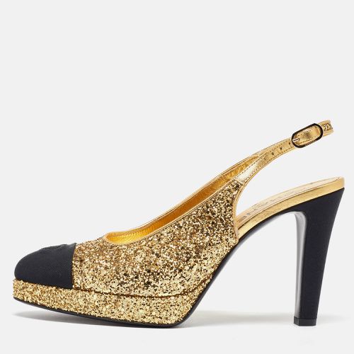 Chanel Gold/Black Glitter and Fabric Cap Toe Platform Slingback Pumps Size 40 - Chanel - Modalova