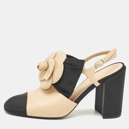 Chanel Beige/Black Leather Block Heel Slingback Pumps Size 39 - Chanel - Modalova