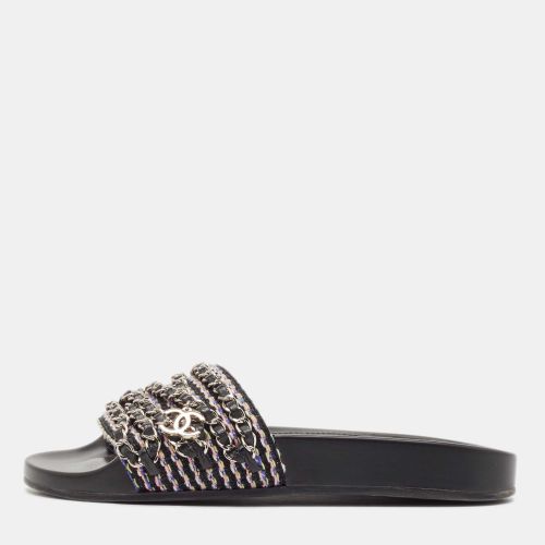 Chanel Black Intrecciato Leather Tropiconic Chain Detail Slides Size 36 - Chanel - Modalova