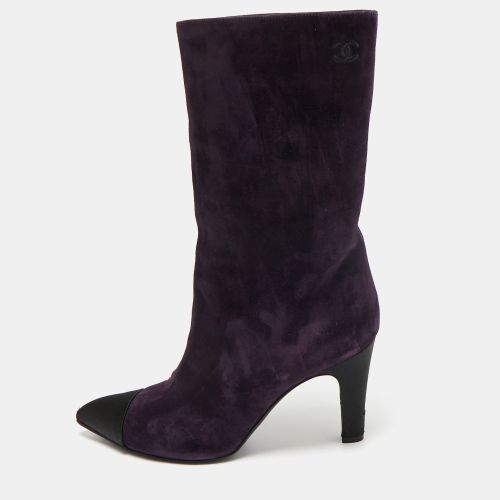 Chanel Purple/Black Suede and Satin CC Mid Calf Boots Size 39.5 - Chanel - Modalova