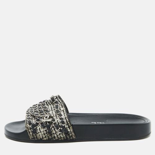 Chanel Black/White Tweed Fabric Tropiconic Chain Link Flat Slides Size 36 - Chanel - Modalova