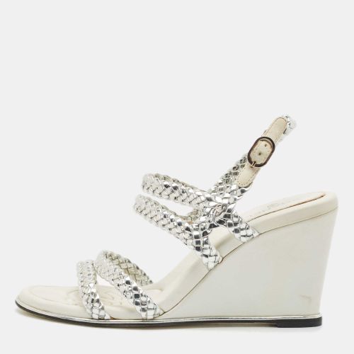 Chanel Silver Woven Leather Ankle Strap Wedge Sandals Size 36.5 - Chanel - Modalova