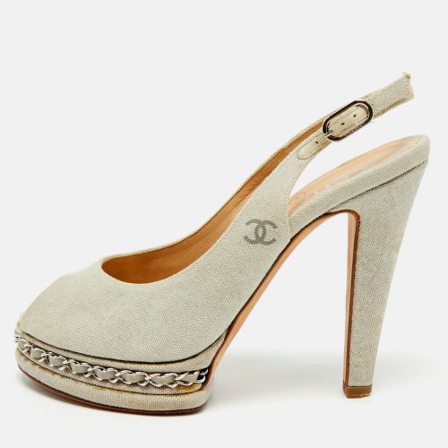 Chanel Grey Canvas Peep Toe Slingback Platform Sandals Size 37.5 - Chanel - Modalova