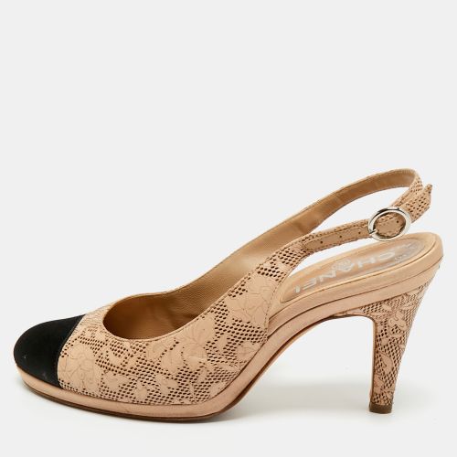 Chanel Beige/Black Leather And Satin Cap-Toe Slingback Pumps Size 37.5 - Chanel - Modalova