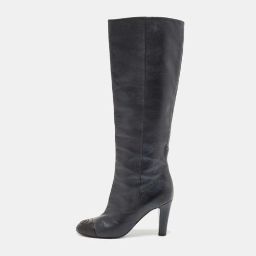 Chanel Navy Blue Leather Cap Toe Knee Length Boots Size 38.5 - Chanel - Modalova