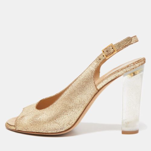 Chanel Gold Crackled Leather Glitter CC Lucite Heel Peep Toe Slingback Sandals Size 39 - Chanel - Modalova