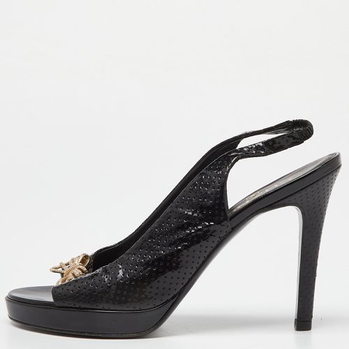 Chanel Black Perforated Patent Leather Open Toe Slingback Sandals Size 37 - Chanel - Modalova