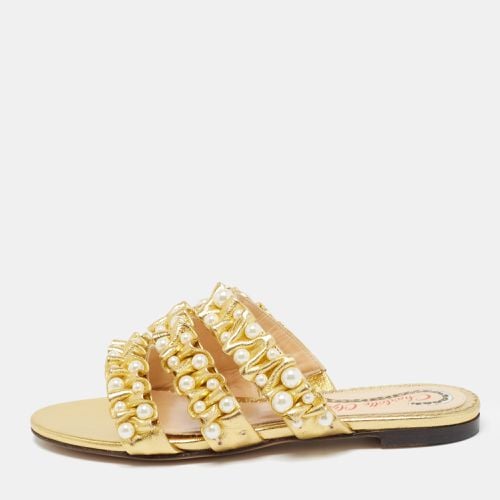 Charlotte Olympia Gold Pleated Leather Pearl Embellished Flats Size 35 - Charlotte Olympia - Modalova