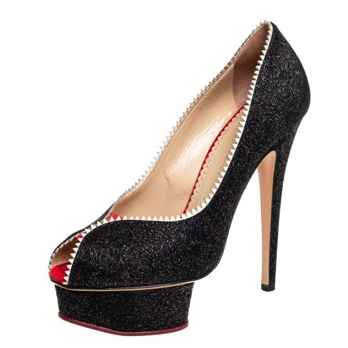 Charlotte Olympia Black Glitter And Patent Leather Scalloped Trim Peep Toe Platform Pumps Size 37.5 - Charlotte Olympia - Modalova