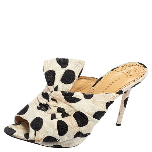 Charlotte Olympia White/Black Polka Canvas Bow Side Sandals Size 38 - Charlotte Olympia - Modalova