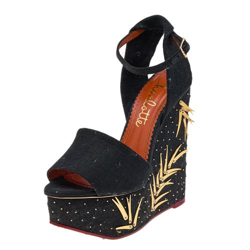 Charlotte Olympia Black Canvas Mischievous Embellished Platform Wedge Ankle Strap Sandals Size 38 - Charlotte Olympia - Modalova