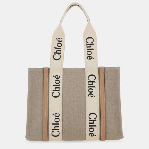 Chloe Beige Canvas Woody Logo Printed Medium Tote Bag - Chloe - Modalova