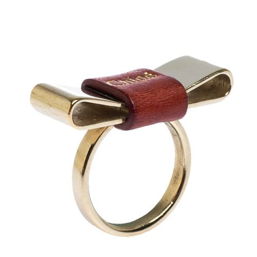 Chloe Leather Bow Motif Gold Tone Ring Size 54 - Chloe - Modalova