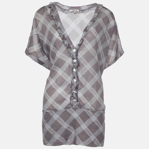 Chloe Grey Check Print Cotton Ruffle Detail Oversized Blouse L - Chloe - Modalova