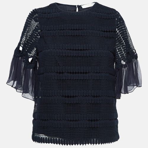 Chloe Navy Blue Crochet Flutter Sleeve Top S - Chloe - Modalova