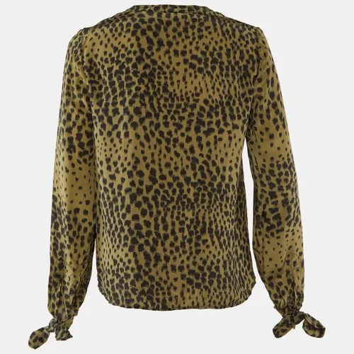 Taupe Printed Silk Button Front Blouse M - Chloe - Modalova