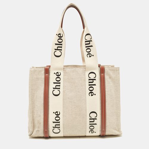 Chloe Beige/Brown Canvas and Leather Medium Woody Tote - Chloe - Modalova