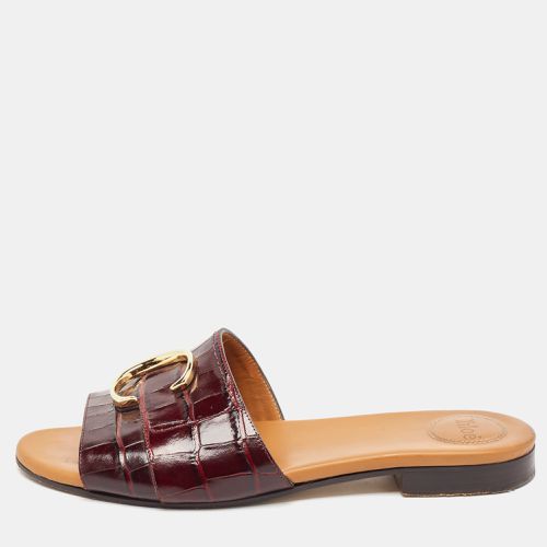 Chloe Burgundy Croc Embossed Leather C Logo Flat Slides Size 40 - Chloe - Modalova