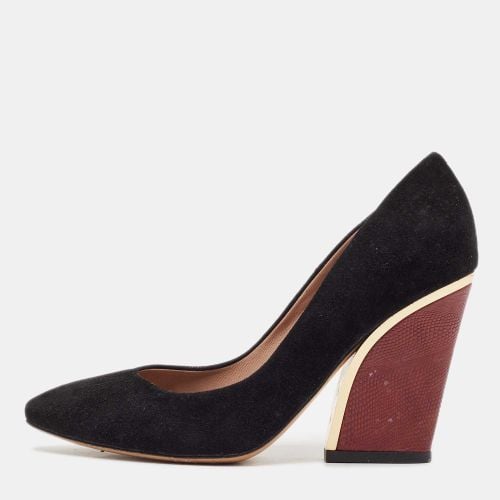 Burgundy Lizard Embossed Leather and Suede Block Heel Pumps Size 38 - Chloe - Modalova