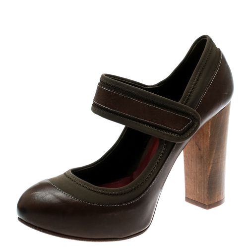 Chloe Brown Leather And Khaki Fabric Mary Jane Block Heel Platform Pumps Size 38 - Chloe - Modalova