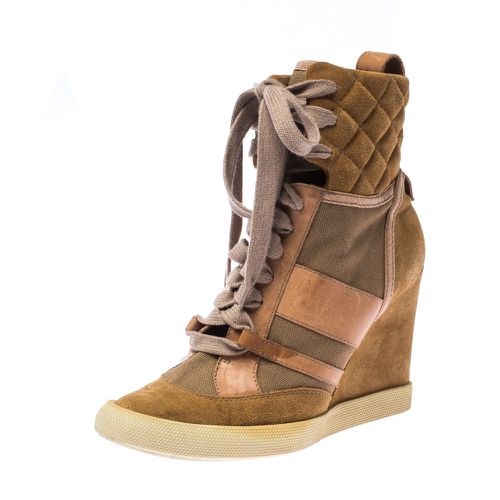 Brown Suede Leather And Canvas Lace Up Wedge Ankle Boots Size 38 - Chloe - Modalova