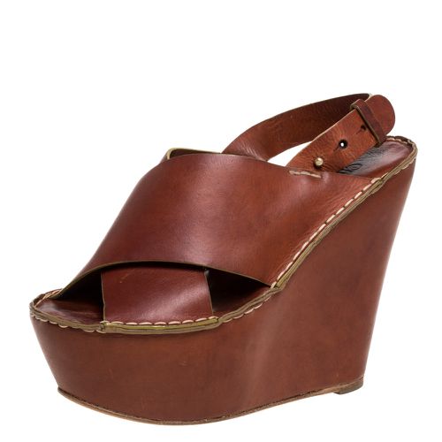 Chloe Brown Leather Criss Cross Platform Wedge Sandals Size 38 - Chloe - Modalova