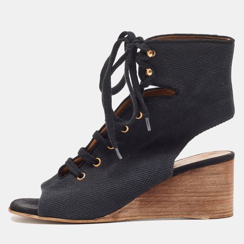 Chloe Black Canvas Lace Up Open Toe Block Heel Ankle Wedge Booties Size 38 - Chloe - Modalova