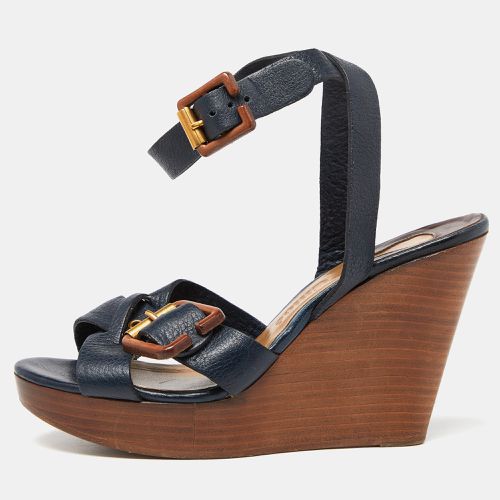 Chloe Navy Blue Leather Buckle Detail Wedge Platform Ankle Wrap Sandals Size 38 - Chloe - Modalova