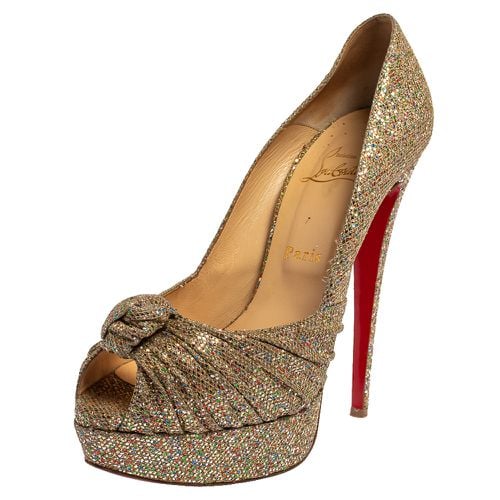 Christian Louboutin Metallic Gold Glitter Fabric Knotted Peep Toe Pumps Size 39 - Christian Louboutin - Modalova