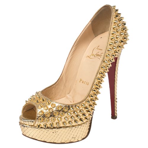 Christian Louboutin Metallic Gold Python Leather Lady Peep Toe Spike Platform Pumps Size 35 - Christian Louboutin - Modalova