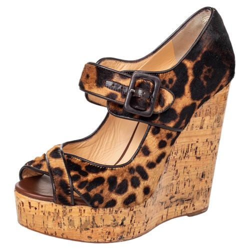 Christian Louboutin Brown Leopard Print Pony Hair Melides Cork Wedge Sandals Size 38.5 - Christian Louboutin - Modalova