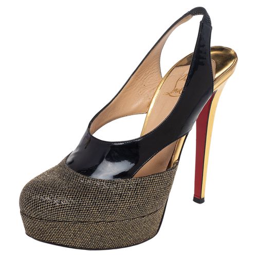 Christian Louboutin Black/Gold Patent and Metallic Mesh Platform Slingback Pumps Size 38.5 - Christian Louboutin - Modalova