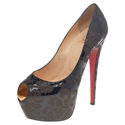 Christian Louboutin Black Patent Leather Highness Arabesque Motif Peep Toe Platform Pumps Size 38.5 - Christian Louboutin - Modalova